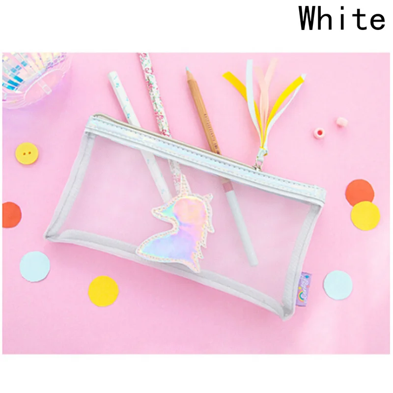 White Пенал с единорогом чехол Прозрачная сетка Kawaii голографическая Карандаш Чехол косметичка, сумка для макияжа, Сумки из натуральной кожи кошелек держателя для макияжа, сумка, школьные принадлежности - Цвет: White