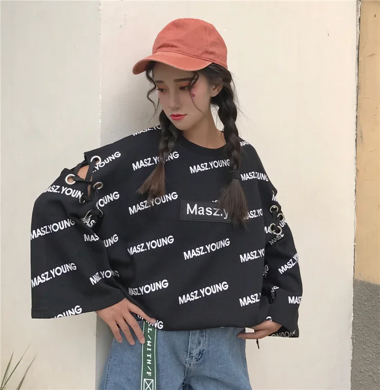 Для фотосессии Harajuku Labuhan Angin Kong-style с принтом букв бандажная ткань с большими рукавами Женская толстовка средней длины