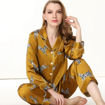 

100% Silk Pajamas Sets Female Spring Summer Long Sleeve Pyjamas Sets Printed Silk Woman's Sleepwear Clothes Pants Two-Piece Silk
