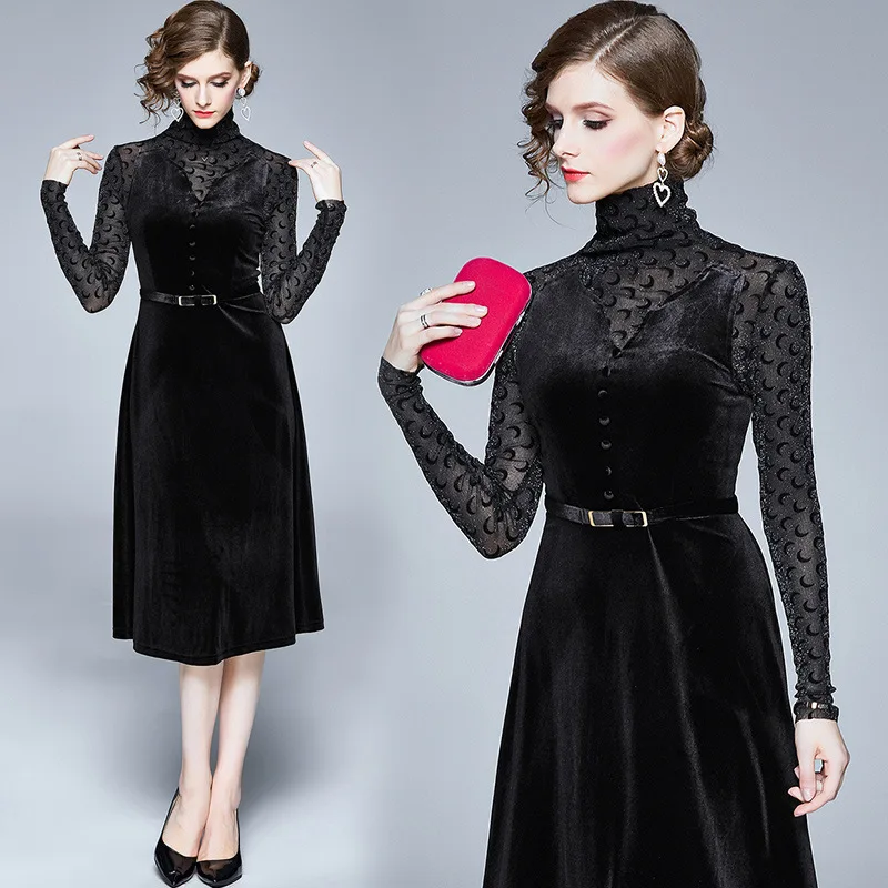 

WOMEN'S Dress Black And White with Pattern Gold Velvet Dress Autumn Clothing Waist Hugging Slimming Elegant French Retro A- line
