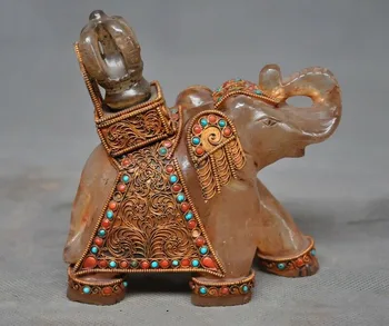 

wedding decoration 6" Old Tibetan Temple Silver Gold inlay Turquoise coral crystal Elephant Statue