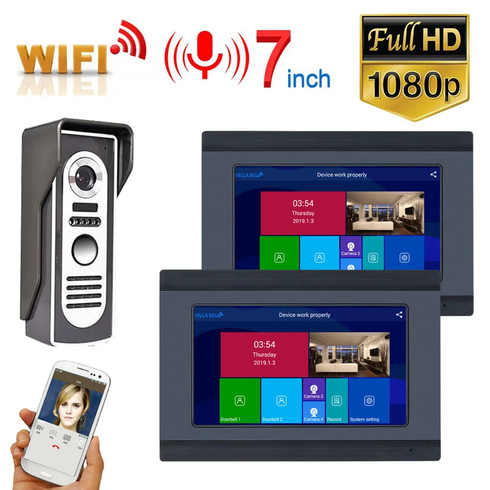

7 inch 2 Monitors Wired Wireless Video Door Phone Doorbell Intercom Entry System HD 1080P Wired Camera Night Vision
