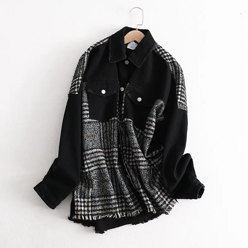 

Pd36 2019 Autumn New Style European And American Style Hong Kong Flavor Retro Loose-Fit Slimming Plaid Stitching Jeans Coat