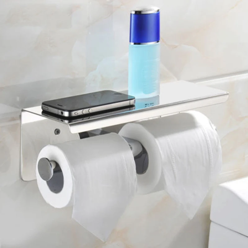 

Wall Mount Double Toilet Paper Holder Shelf Bathroom Tissue Stainless Two 2 Roll