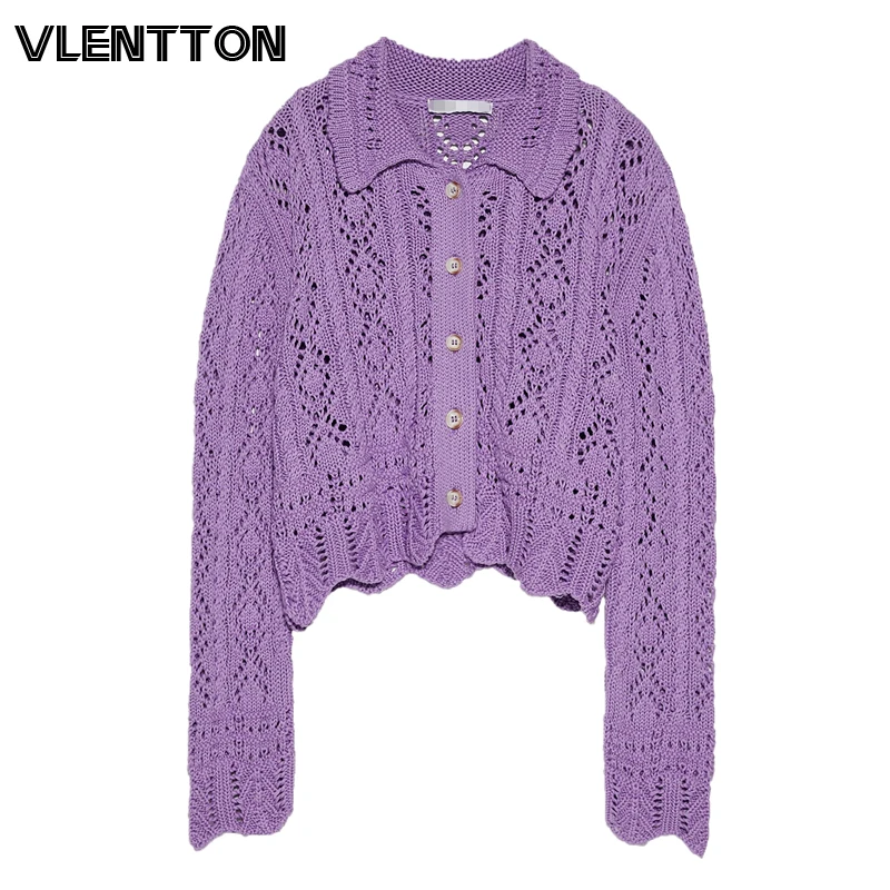 

2020 Spring Autumn Purple Sexy Hollow Knit Jacket Coat Women Korean Chic Button Solid Casual Short Sweater Cardigan Female Tops
