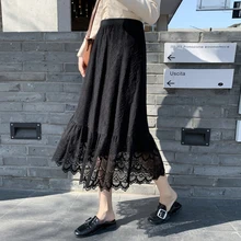 Уличная одежда, длинные кружевные юбки, женские весенние плиссированные юбки с высокой талией размера плюс, Корейская Черная Женская юбка, jupe femme