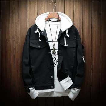 

Men 2020 New spring Fake two pieces Stitching Pink Ripped Hooded Denim jeans Jacket Hip Hop Swag Loose Holes Casual Coats YW010