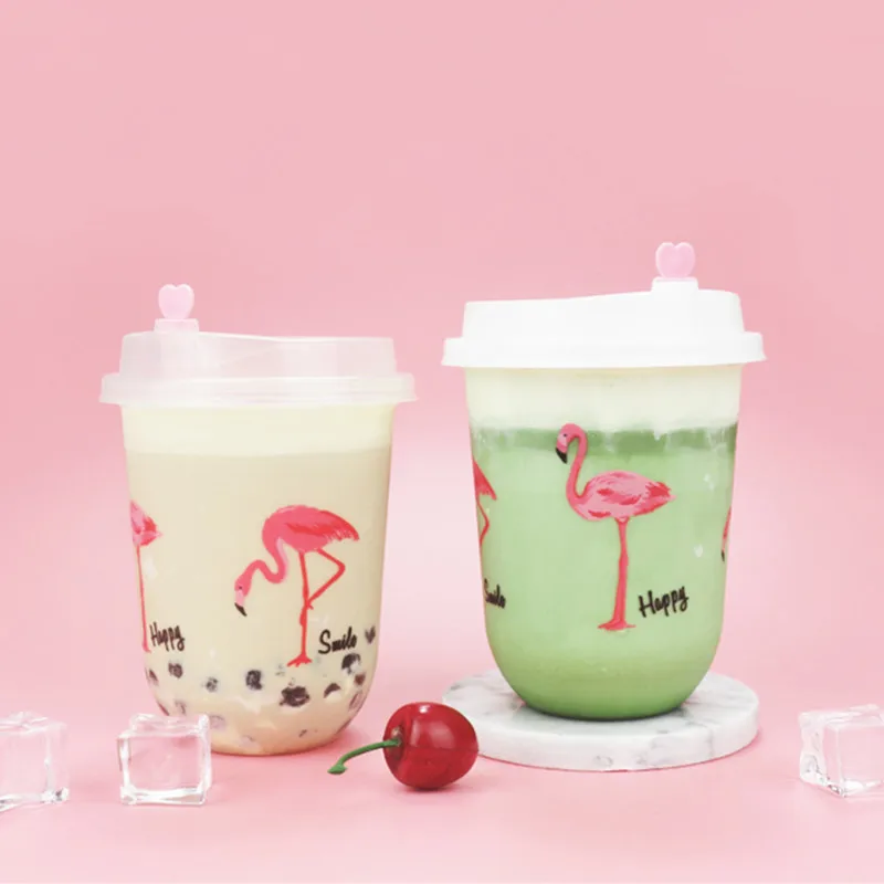 

50pcs High quality transparent disposable cups U shape birthday party creative flamingo happiness drink plastic cup with lid
