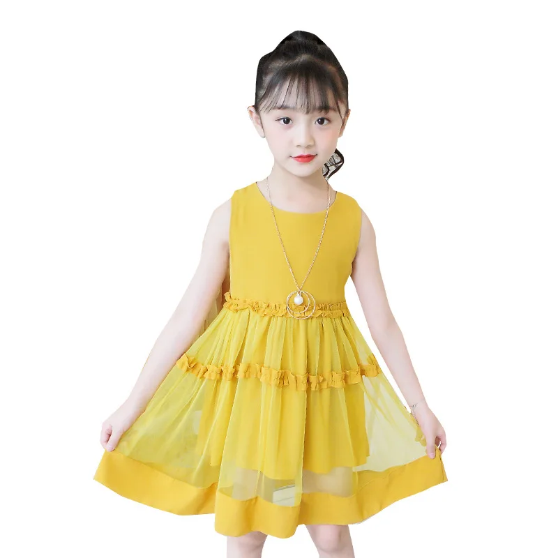 Повседневное кружевное платье для девочек; школьный стиль; летняя одежда для малышей; От 3 до 14 лет; розовый, желтый, красный; жилет принцессы; праздничное пляжное платье на день рождения