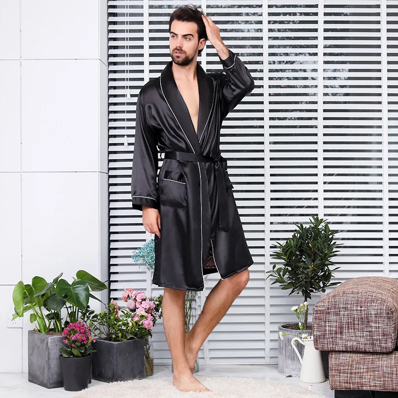 Haseil Men's Luxurious Kimono Robe with Shorts Summer Printed Silk Satin Bathrobes 