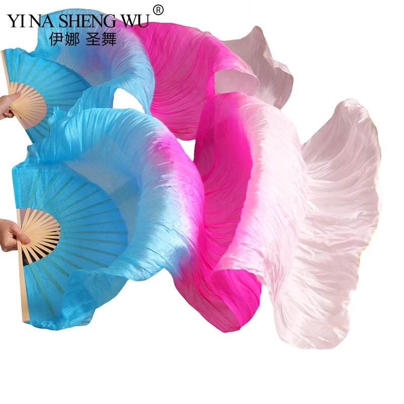 

High Quality Chinese Real silk/ Imitation Silk veil belly dance fans 1Pair belly dance long fans handmade dyed dance props
