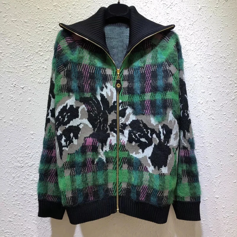 

Women Print Cardigans Sweater Autumn Turn Down Collar Zipper Casual Knit Cardigan Autumn Coat
