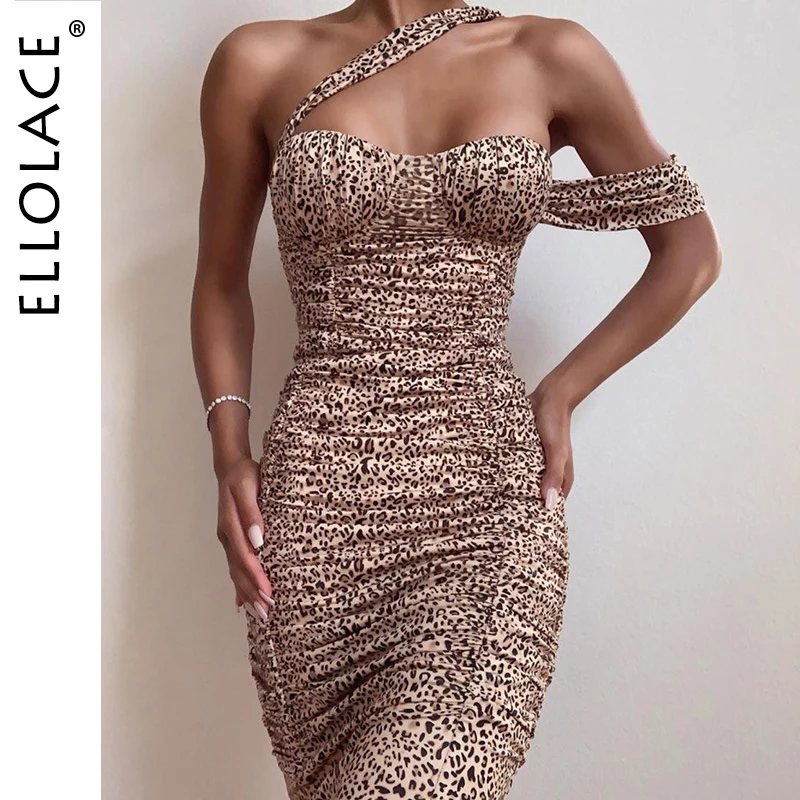 

Ellolace Sexy Leopard Midi Dress Women Animal Elegant Slim Female Dresses Autumn 2019 New Lady Backless Ruched Female Dresses