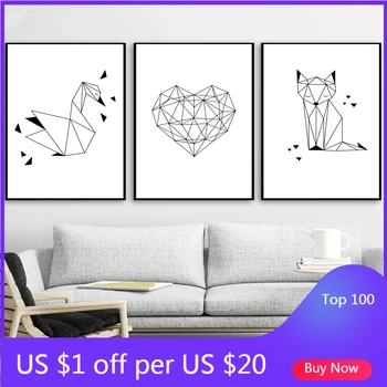 

Geometric Swan Fox Poster And Print Wall Art Painting Animal Black And White Wall Picture Children'S Room Canvas Painting Frame