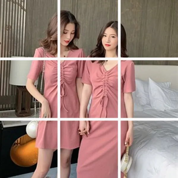 

Pink Skirt 2019 Summer New Style Korean-style Mid-length V-neck Shirred Short-sleeve Dress Women's CHIC Slim Fit Women's Fashion