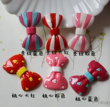 

Wholesale kawaii Peach heart bow Cabochons Stripe bow Flat Back Resin For Girls bowknot DIY Phone Craft accessories
