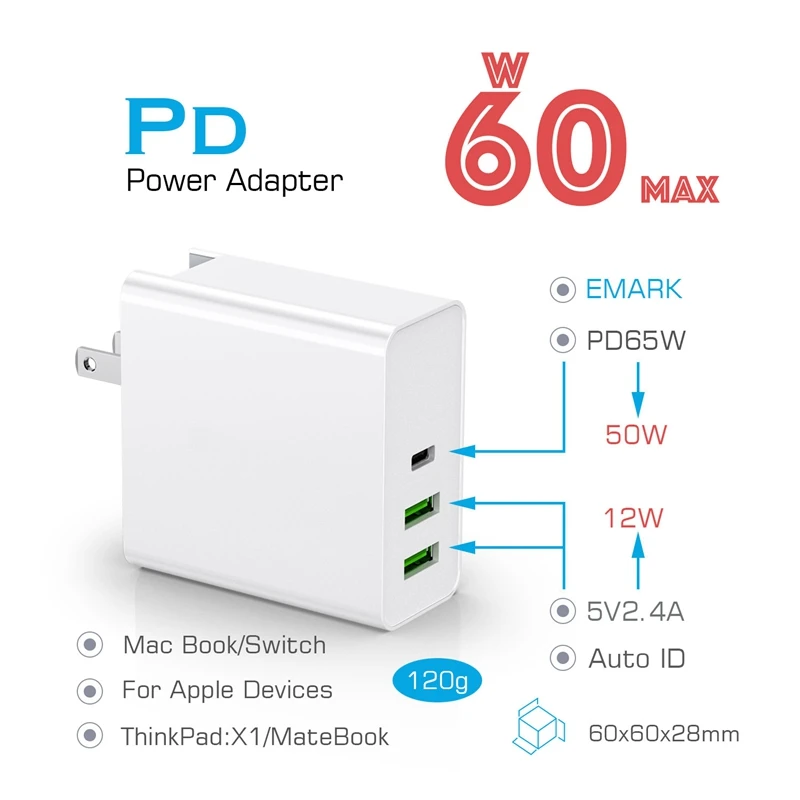 60 Вт(30 Вт+ 18 Вт+ 12 Вт) настенное зарядное устройство адаптер PD+ QC3.0 type C USB зарядное устройство для Macbook iPhone iPad Pro samsung Xiaomi huawei