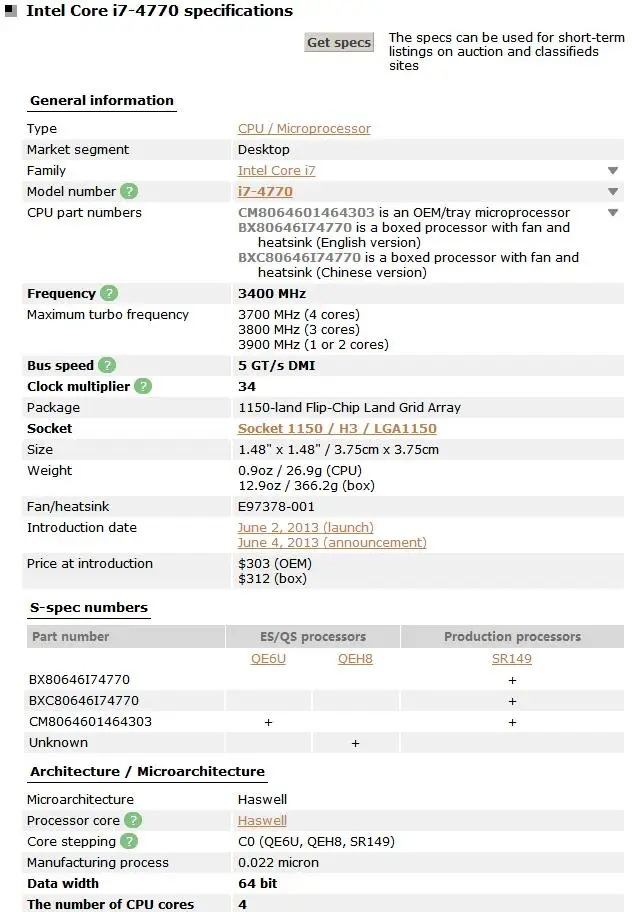 Intel Core I7-4770 I7 4770 3.4 GHz Quad-Core CPU Processor 8M 84W LGA 1150
