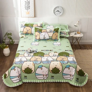 

1Pc Bed Cover+2 Pcs Pillowcases Lovely pets Bedspread Cotton Ruffle edge Quilt Light green cartoon Blanket 1.2/1.5/1.8m/2.0m Bed