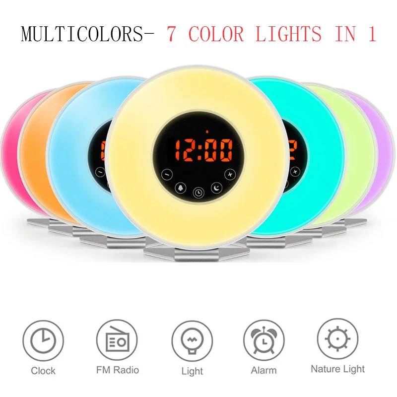 Wake Up Light Alarm Clock Digital Led 7color Switch Fm Radio Sunrise Natural Bed Alarm Clocks Clock Radios Home Garden