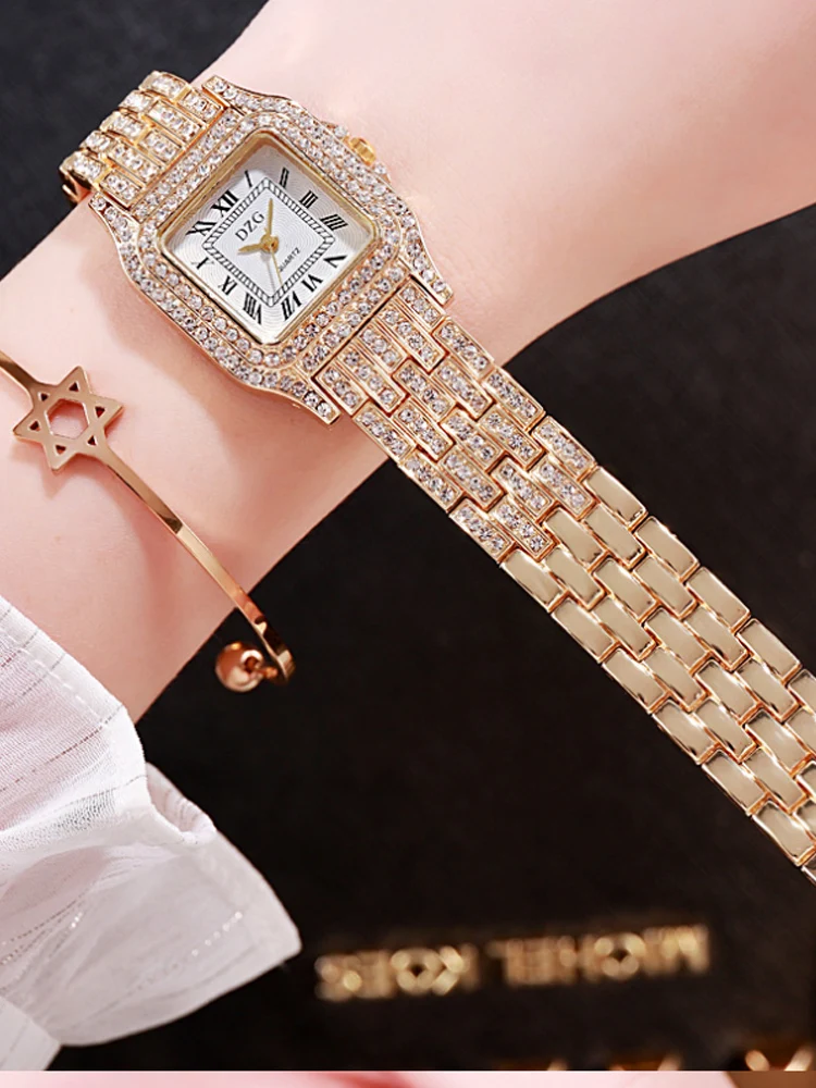 Women's Fashion Diamond Square Steel Band Diamond Dracelet Women's Watch Roman Lettering Small Dial Trendy Student Quartz Watch