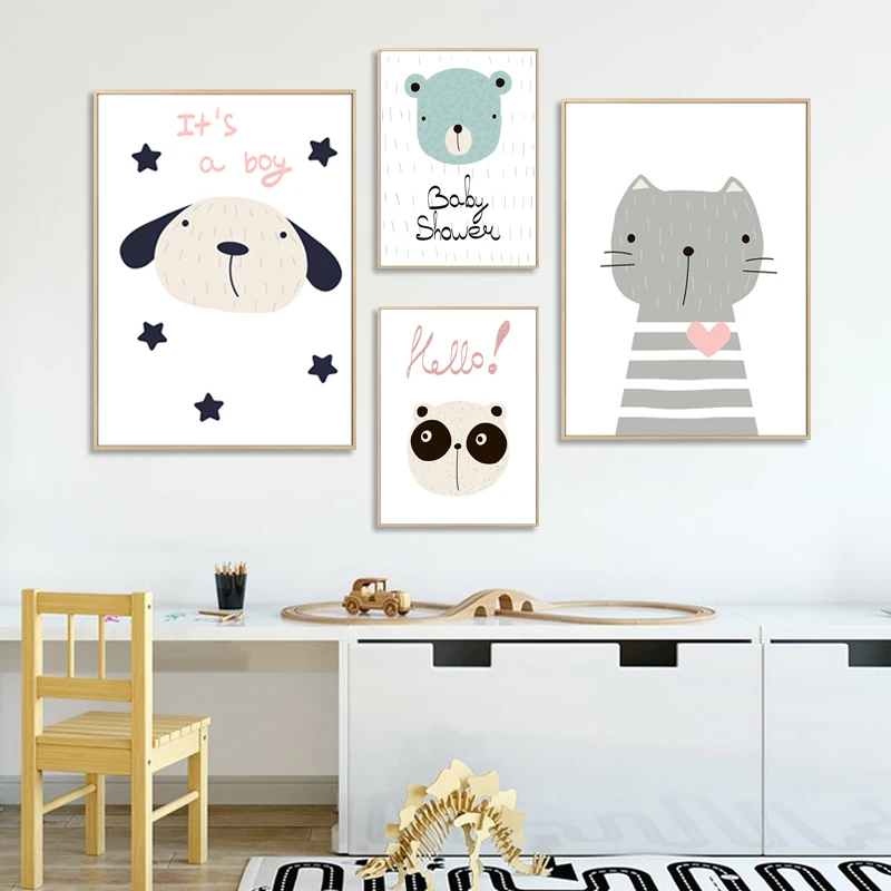 Póster de lienzo de animales de dibujos animados, cuadro de pared nórdico con diseño de oso Panda, gato, perro, decoración para dormitorio infantil|Pintura y caligrafía| - AliExpress