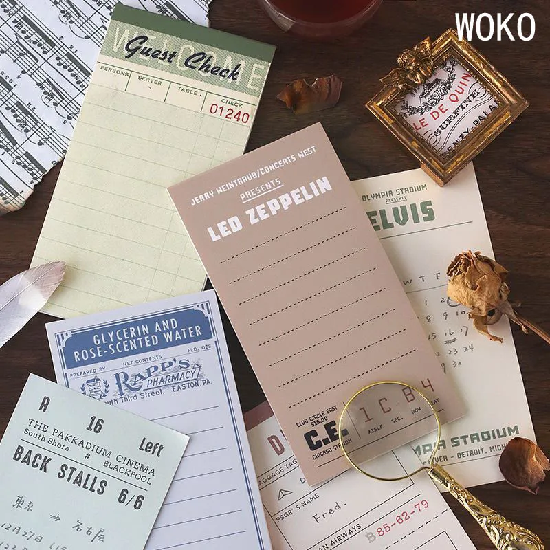 

WOKO 24 Sheets Vintage Receipt Old Memory Memo Pad Retro Train Ticket Guest Check Paper Writing pad Words Phrases Message Note