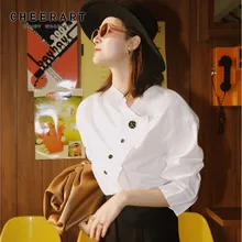 CHEERART Designer Blouse Women White Oblique Black Button Up Top Long Sleeve Ladies Blouses Clothing Fashionable