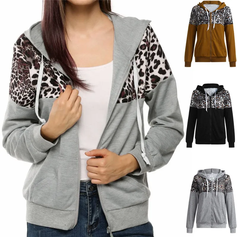 

Harajuku Women Leopard Hoodies Sweatshirt Fashion Zipper Pocket Hooded Jacket Outwear Ladies Solid Slim Pullover Clothes Moletom