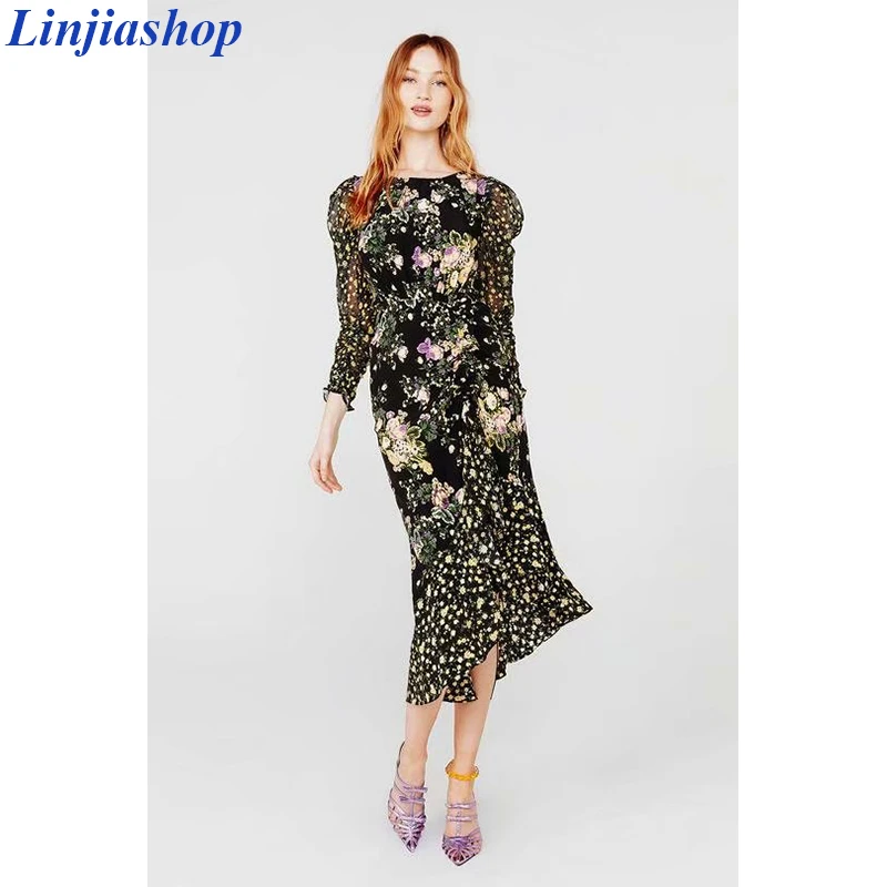 Cena Ross midi sukienka kobiety 2019 jesień nowe w kwiatki drukuj bufiaste rękawy backless plus rozmiar rozdzielona sukienka