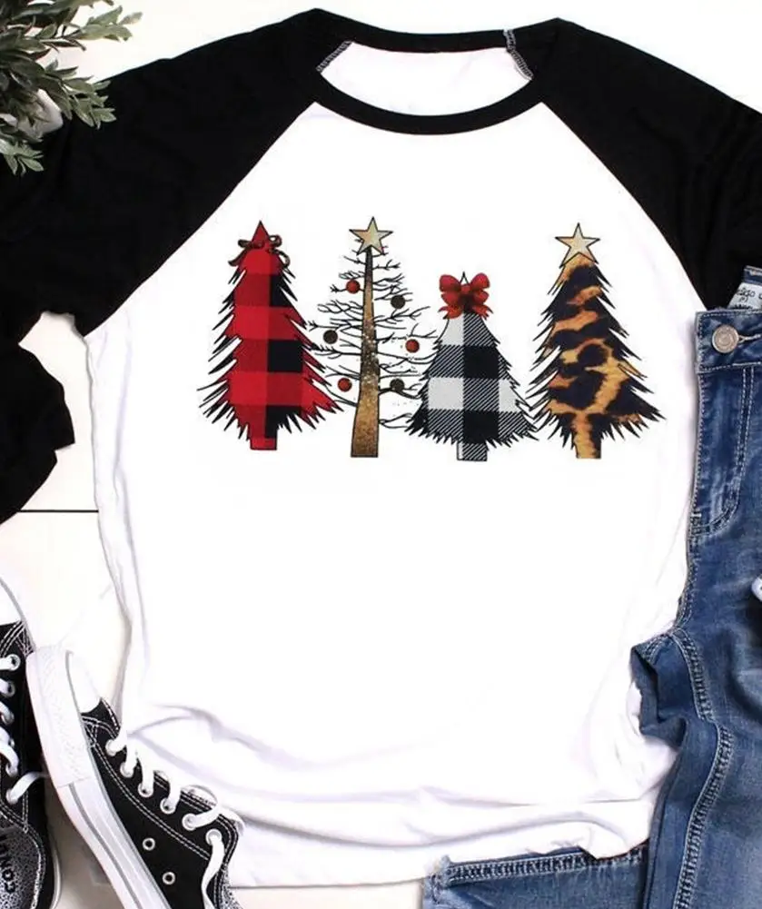 

Christmas T Shirt Women Christmas Tree Print Top Three Quarter Sleeve Tees 2019 Autumn Winter Tee Shirts Raglan Sleeve Tee