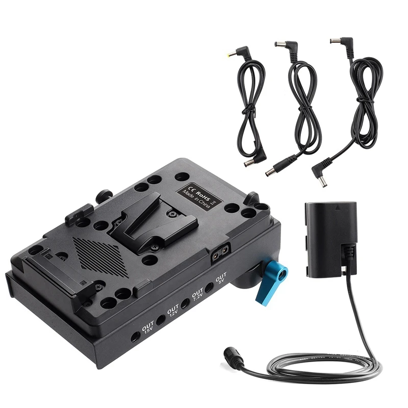 

V Mount V-Lock Battery Plate Adapter with 15mm Dual Hole Rod Clamp LP-E6 Dummy Battery Adapter for Monitor Audio Recorder microp