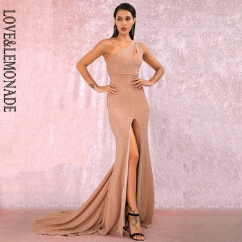 

LOVE&LEMONADE Sexy Nude Cut Out One Shoulder Bodycon Whit Split Reflective Material Fishtail Shape Maxi Dress LM81921-1