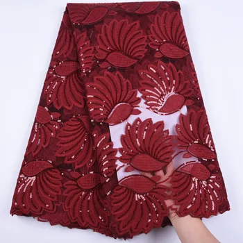 

Red African Sequins Lace Fabric Milk Silk Lace High Quality Nigerian French Mesh Lace Fabric For Dress 5 Yards Material 1716