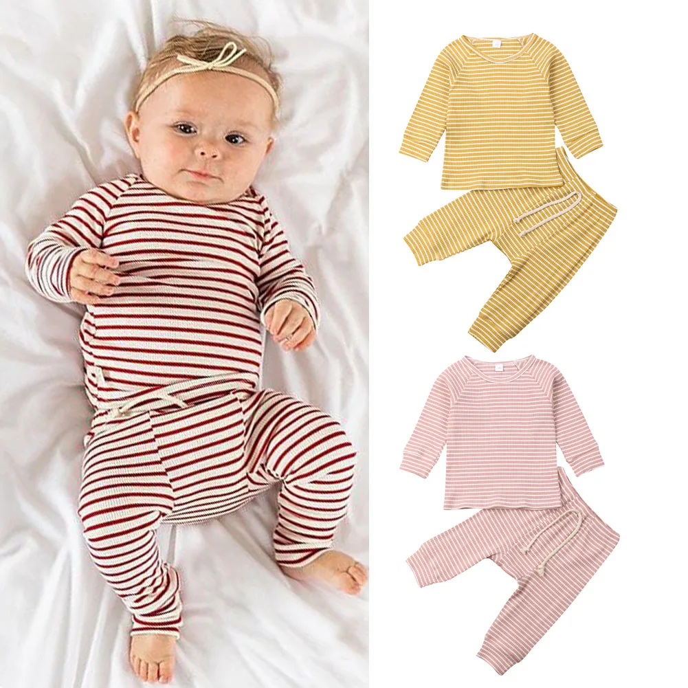 Комплект одежды для новорожденных мальчиков и девочек от 0 до 24 месяцев, мягкие хлопковые топы в полоску, штаны Милая Пижама, комплект одежды для сна