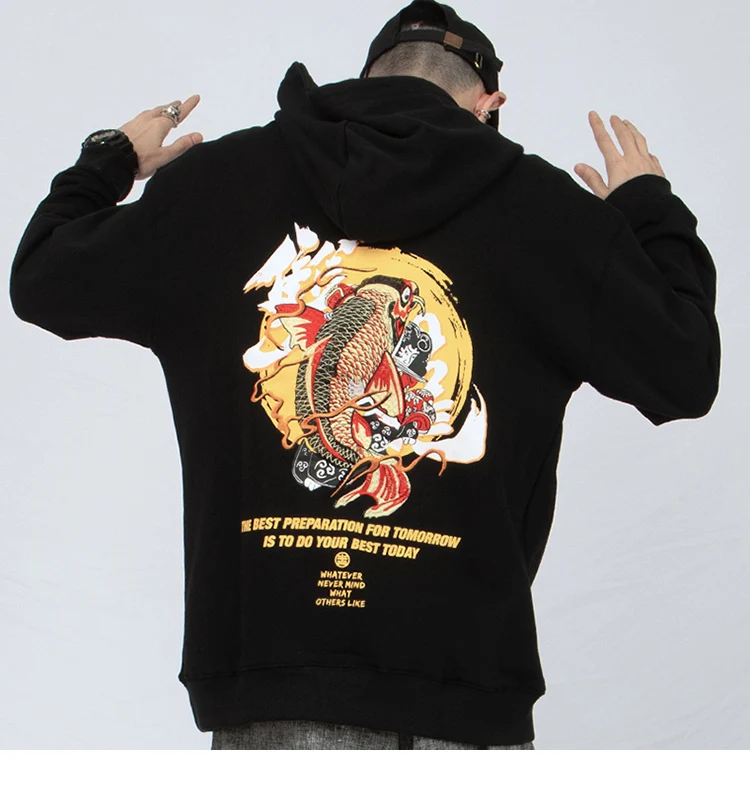 Мужская хип-хоп толстовка Ukiyoe Японская уличная Harajuku Kanji пуловер вышитый Koi Fish толстовка хлопок хип-хоп