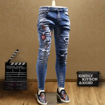 

Fashion Badge Ripped Jeans Men Slim Fit Stretch Blue Denim Dot Print Pants