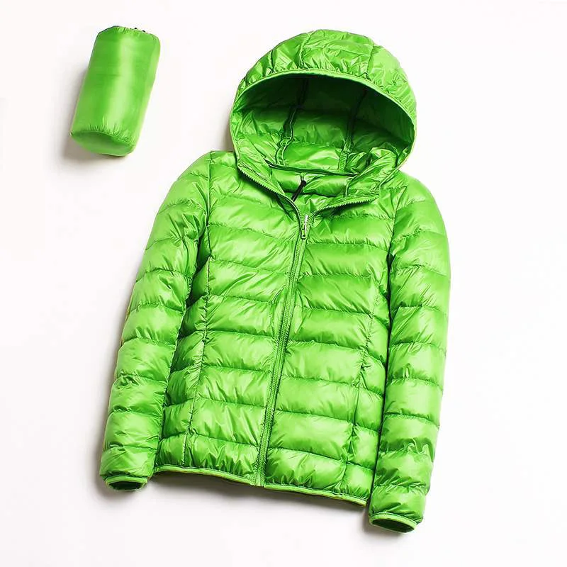 Green Осенне-зимняя женская куртка с капюшоном Пальто 90% белый утиный пух теплая тонкая молния длинный рукав мода плюс размер легкое пуховое пальто - Цвет: Green