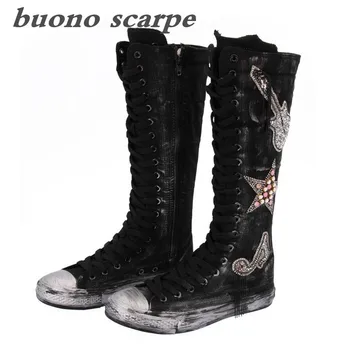 

Autumn and winter new women's canvas side pull hand-washing retro women's high boots
