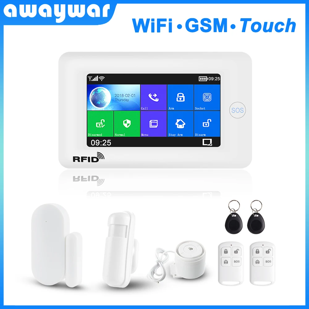 Awaywar-sistema de alarma inteligente antirrobo WIFI GSM para el hogar, kit de pantalla táctil de 4,3 pulgadas, aplicación remota Tuya, Control RFID