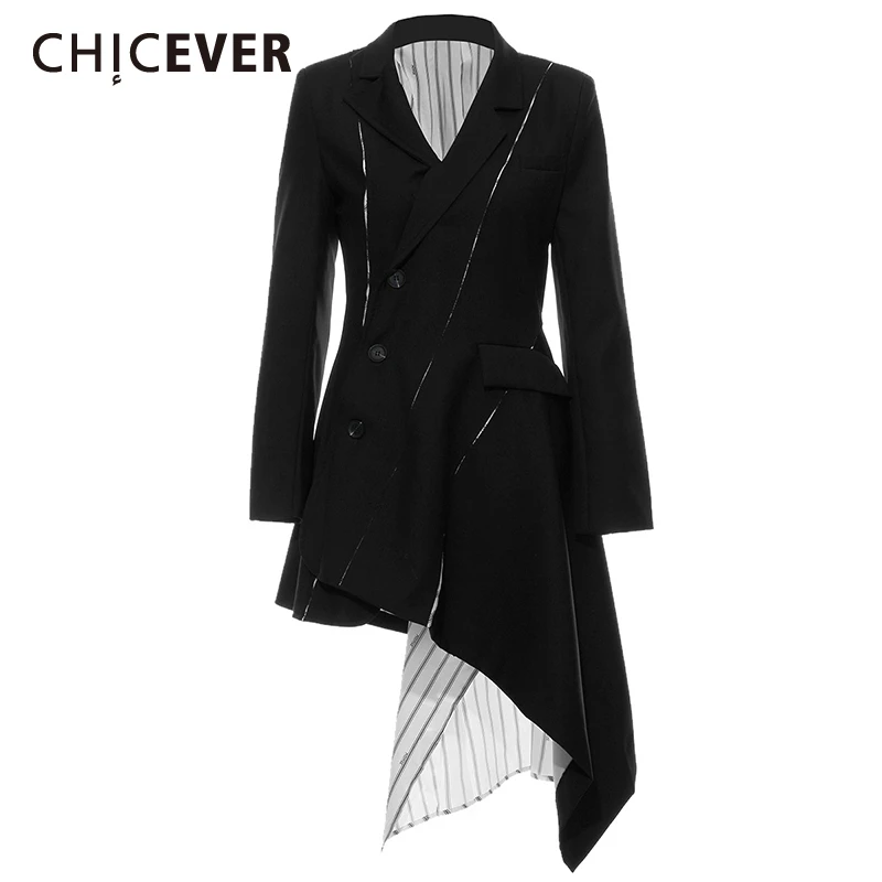 

CHICEVER Asymmetrical Blazer Dress For Women V Neck Long Sleeve High Waist Striped Hit Color Patchwork Summer Dress Female 2019