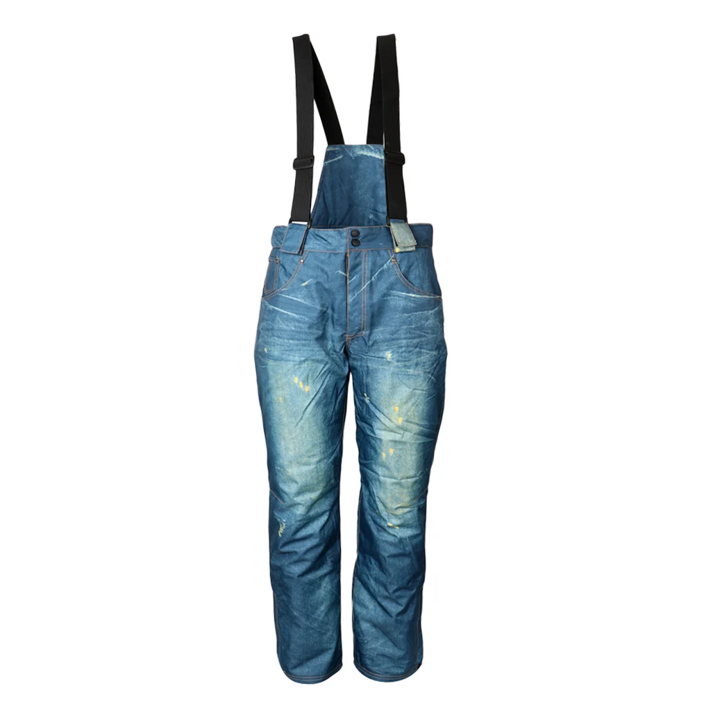 Men's Ski Snow Pants Denim Waterproof Outdoor Snowboard Thermal Jeans Trousers  with Detachable Bib