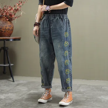 

Qi Juan Draw Season Embroidery Jeans Harlan Pants Female Literature And Art Loose Big Code Elastic Waist Women's Pants