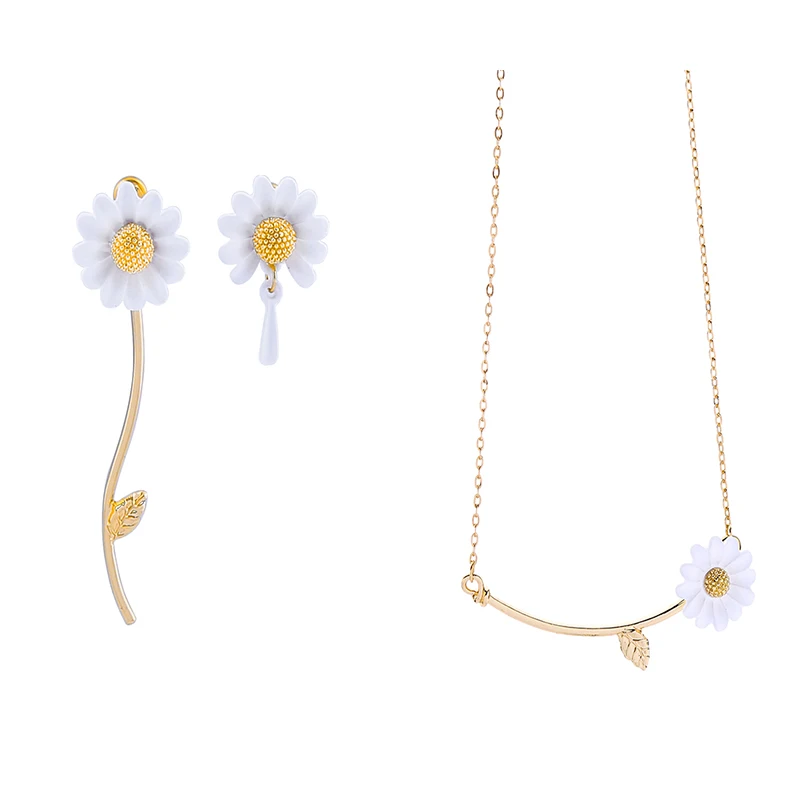 

Enamel Daisy Flowers Jewelry Sets Asymmetrical Drop Earrings Gold Color Pendants Necklaces For Women Fashion New Arrival