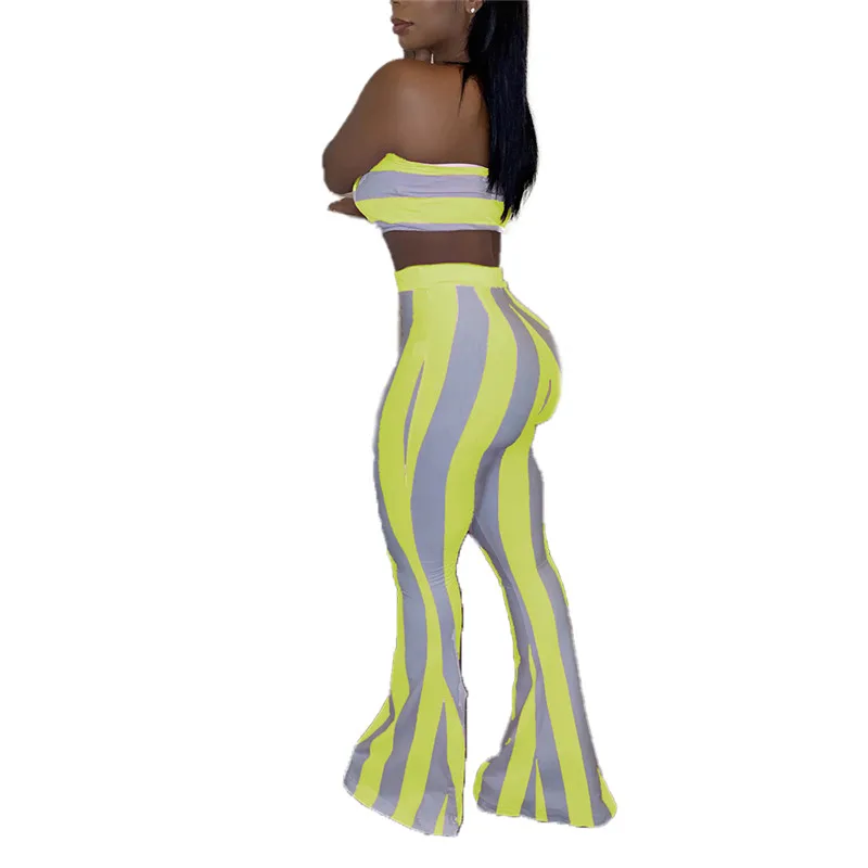 2020 Women Casual Striped Set Strapless Tube Tops+Flare Pants Bell Bottoms 2PCS Fashion Ladies Outdoor Summer Clothing S-2XL