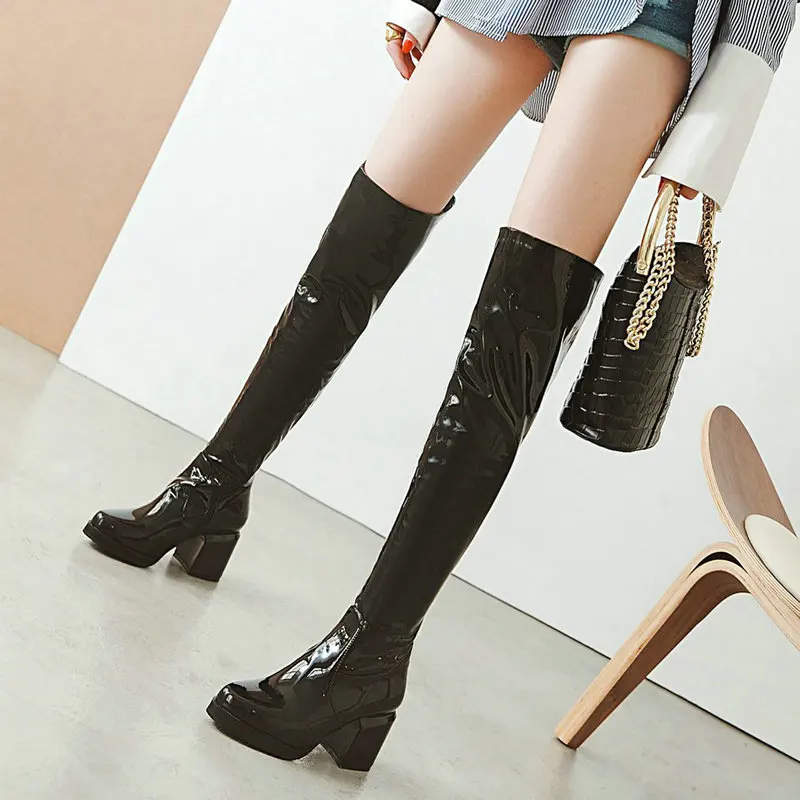 Red Gold Silver Black Patent Leather Boots Women Winter Knee High Boots Ladies Fashion Thick Heel Round Toe Long Boots