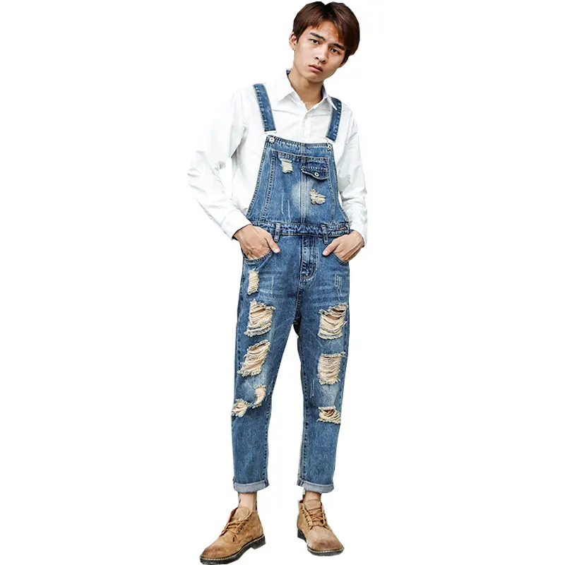 

Men's Denim Overalls Male Korean Version of the Hole Jeans Blue Overalls