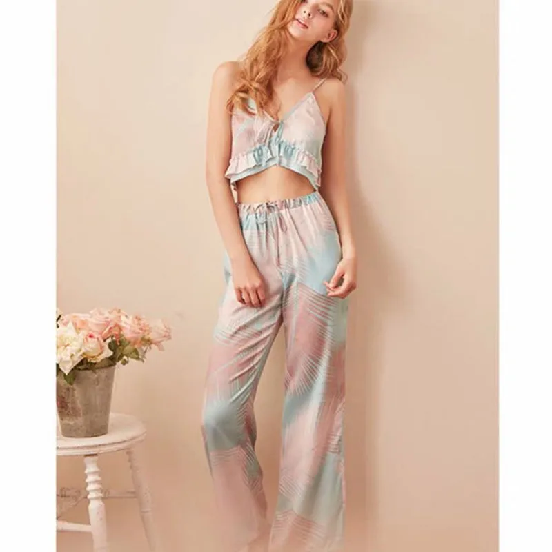 

QWEEK Silk Pajamas for Women 2020 Sling Sleepwear Print Lace Pijamas Set Homewear 2 Piece Set Women Pyjamas Loungewear Summer