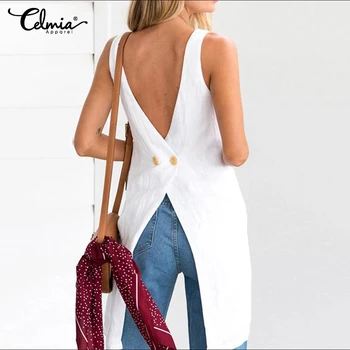 

Stylish Vests Tops Women 2020 Celmia Summer Solid Blouses Sexy Sleeveless Tanks Shirt Casual Back V-Neck Asymmetrical Blusas 5XL