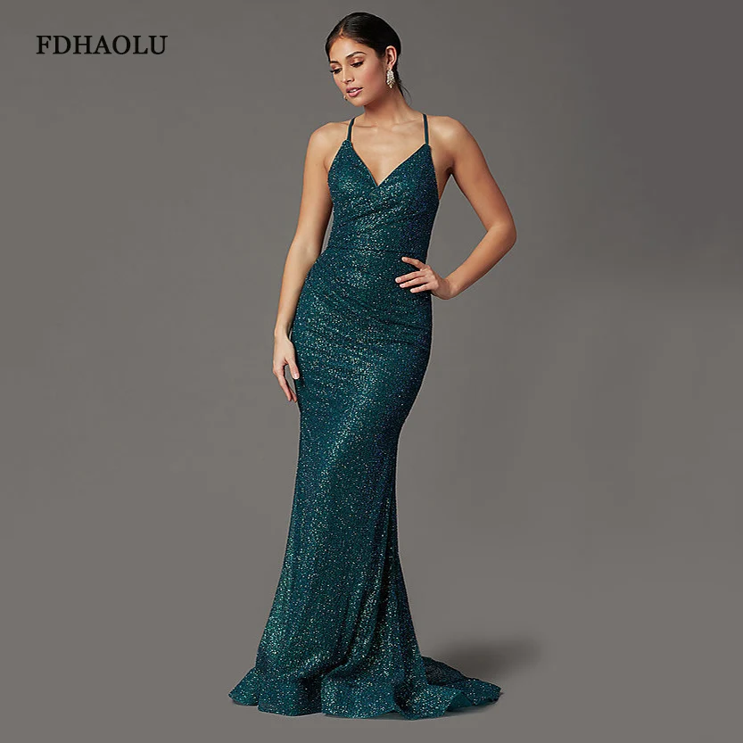 

AE65 Luxury Sparkly Green Mermaid Prom Dress 2021 Sequined Plunging V Neck Backless Formal Evening Party Gown